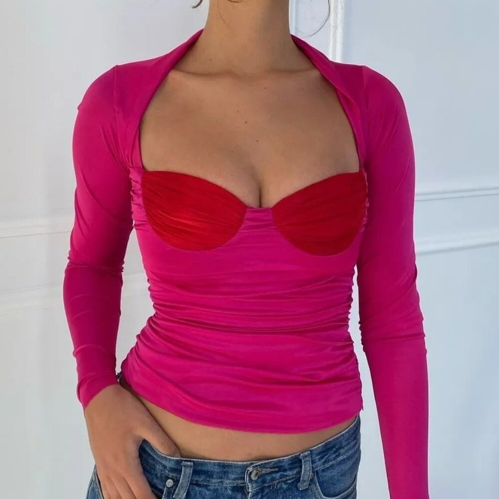 Lirika Matoshi Fuchsia Pink Long Sleeve Bustier Top with Red Accents